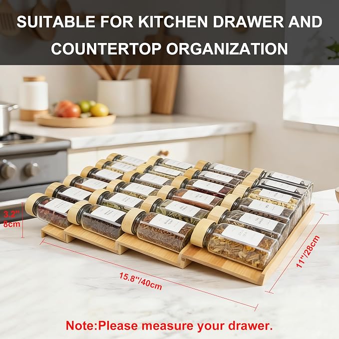 Spice Drawer Organizer with 24 Bamboo-lidded Spice Jars, 216 Labels, 25 - Image 7