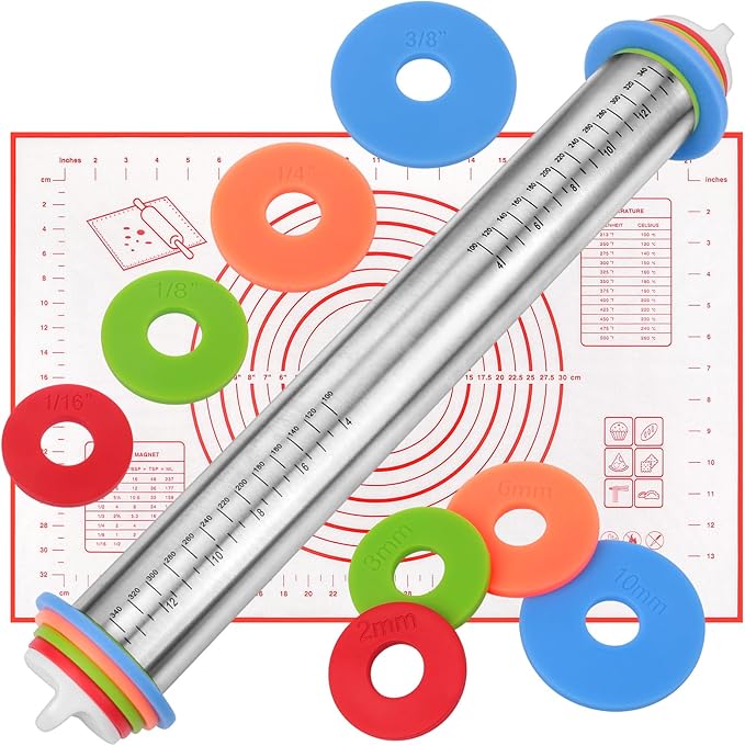 Rolling Pin with Thickness Rings and Red Silicone Baking Mat, Adjustable by BIDFUL
