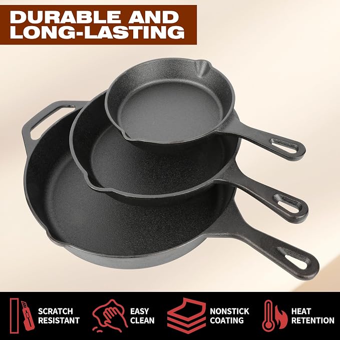 Cast Iron Skillet 3-Piece Set, Heavy-Duty Pre-Seasoned Pan Cookware Set - Image 3