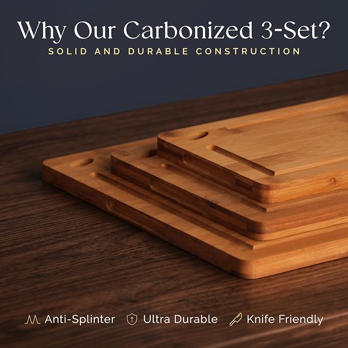 Pre-Oiled, Non Toxic 3-Piece Carbonized Bamboo Cutting Board Set, Eco-Friendly - Image 4
