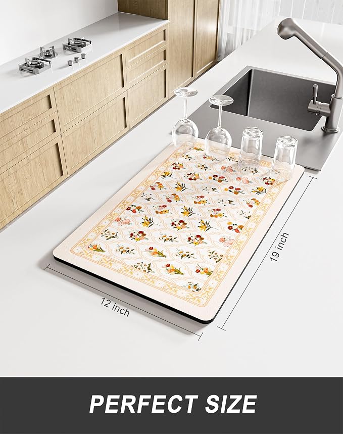 Rnivvi Dish Drying Mat for Kitchen Counter, 12 x 19" Cute Flower Theme Super - Image 2