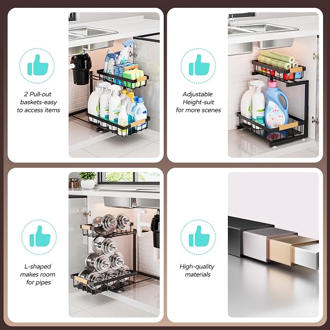 ADBIU Under Sink Organizer, 2 Pack 2 Tier Expandable Height Pull out Kitchen - Image 8