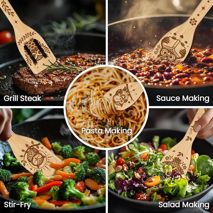 CUTHOLLOW 6PCS Owls Wooden Kitchen Cooking Utensil Set, 11.9in Non Toxic Bamboo - Image 4