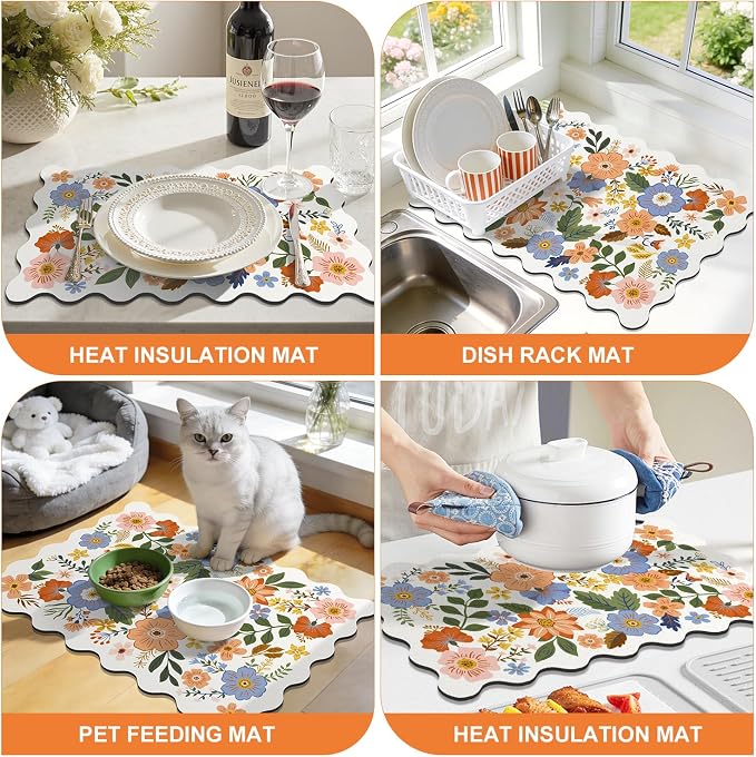 LOKHOM Scalloped Floral Dish Drying Mat, Cuttable Hide Stain Non-slip Drying Mat - Image 7