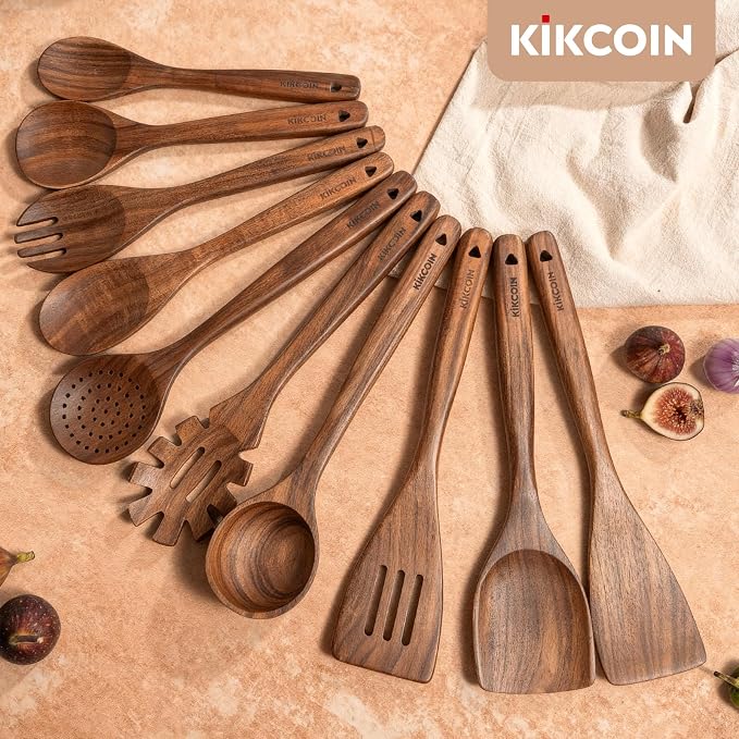 Kikcoin 10 PCS Durable Natural Teak Wooden Cooking Utensil Set, Non Toxic - Image 8