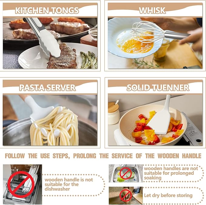Umite Chef Silicone Kitchen Utensil Set, Cream White Wood Handles - Image 4