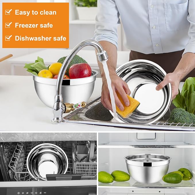 E-far Mixing Bowls with Lids, 6-Piece Stainless Steel Salad Bowls Metal Nesting - Image 5