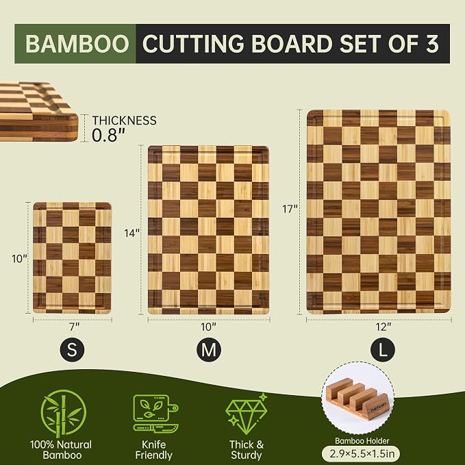 THETCHRY Bamboo Cutting Board Set, Checkered Wood Cutting Boards - Image 4