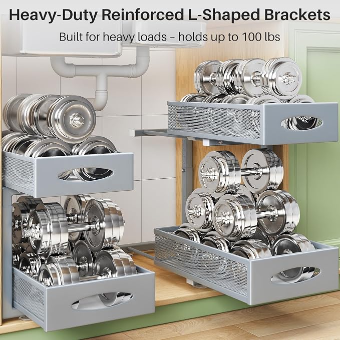 2 Pack Under Sink Organizer, 2 Tier Pull out Cabinet Organizer Mesh Baskets - Image 5