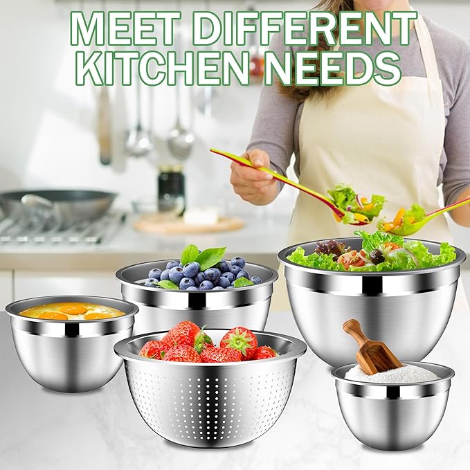 DUTZUN Mixing Bowls with Lids Set, Stainless Steel Mixing Bowls with Colander - Image 7