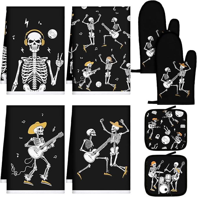 Leinuosen 8 Pcs Skull Kitchen Decor Set Kitchen Towels Gothic Oven Mitts and by Leinuosen