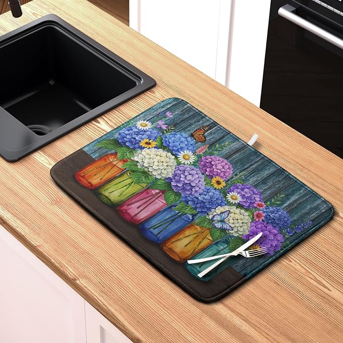 Hydrangea Dish Drying Mat Spring Summer Floral Jars Kitchen Drying Mats - Image 6