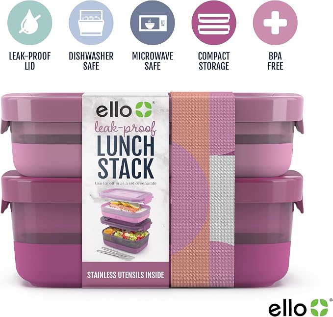 Ello 2-Pack Lunch Stack Plastic Food Storage Container Bento Box - Image 2