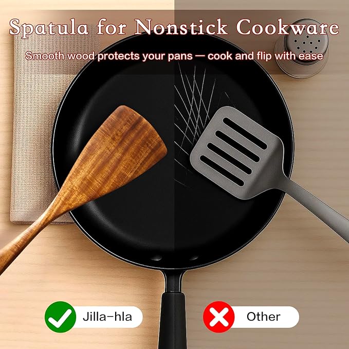 Jilla-hla Wooden Spatula Nonstick Turner Acacia Wood, Long Handle Flat Frying - Image 4