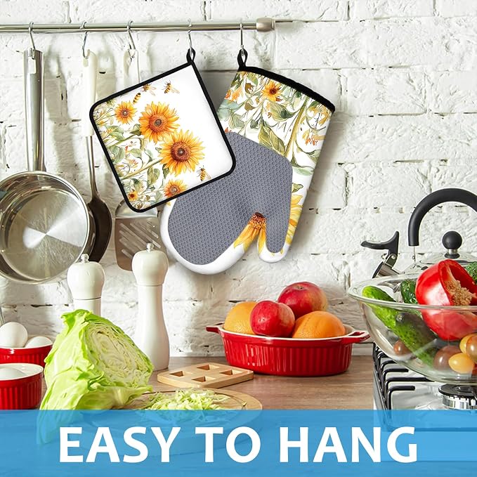 Watercolor Sunflower Oven Mitts and Pot Holders Sets Heat Resistant 4Pcs Busy - Image 4