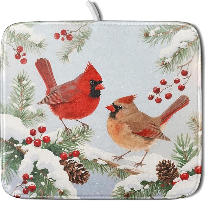 Winter Cardinal Bird Dish Drying Mat by Aytipun