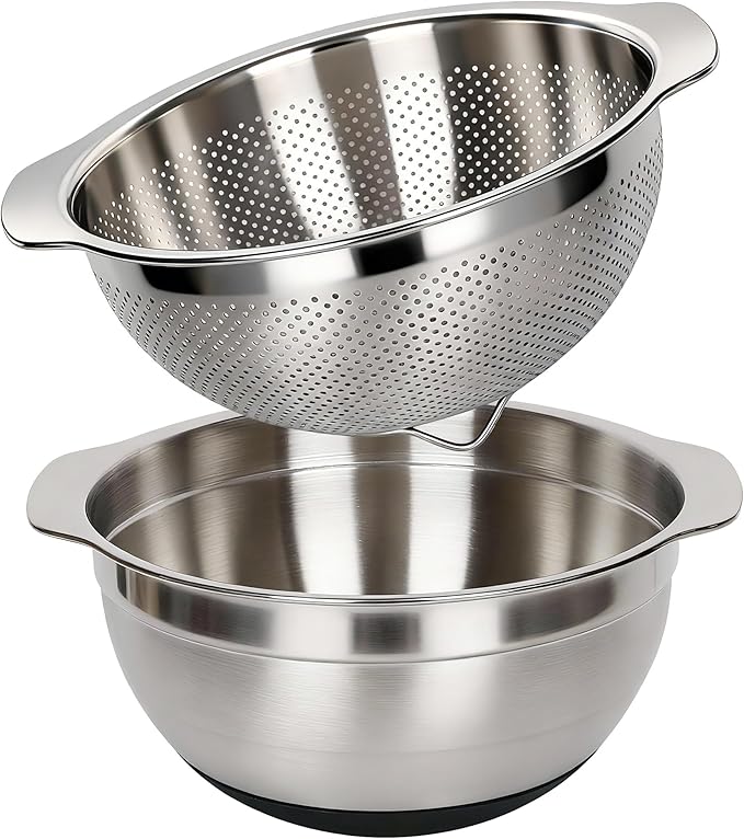 304 Stainless Steel Colander, 5 QT Large Capacity and 5QT Mixing Bowl, 2mm by Qimh