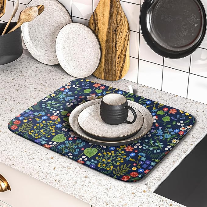 Flower Floral Dish Drying Mat Microfiber Navy Blue Absorbent Drying Pad - Image 5