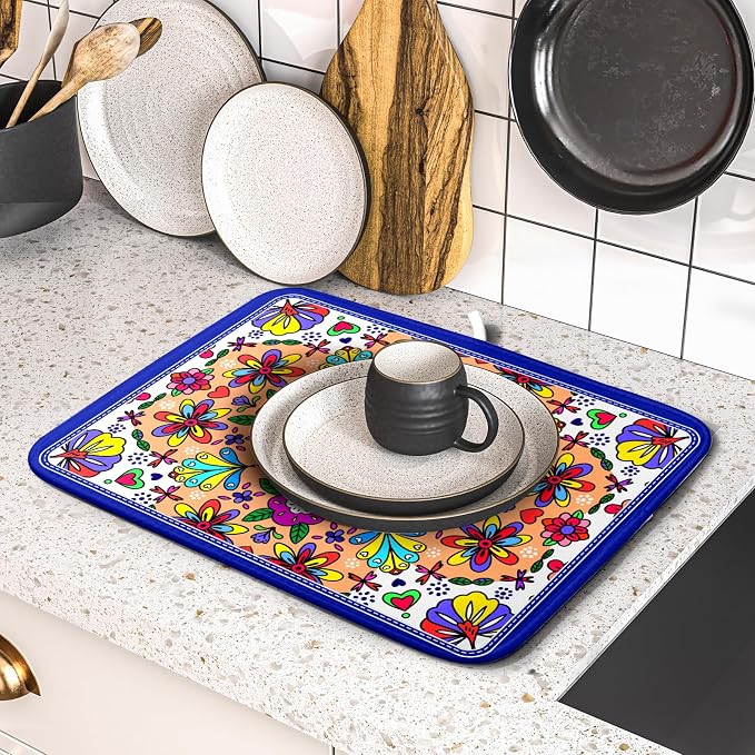 Mexican Talavera Dish Drying Mat Navy Blue Microfiber Dish Drain Pad - Image 5