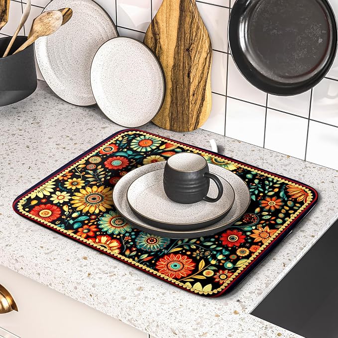 Bohemian Style Flowers Drying Pad Boho Floral Dish Drying Mat - Image 5