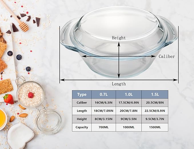 Casserole Baking Dish with 2 pcs, 1.5 QT large, Round with Handle and Lid - Image 4