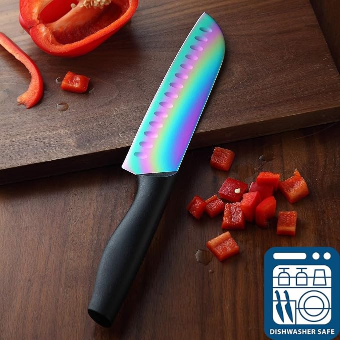 Marco Almond Knife Set with Block, 14 Piece Rainbow Titanium Knife Block Set - Image 8