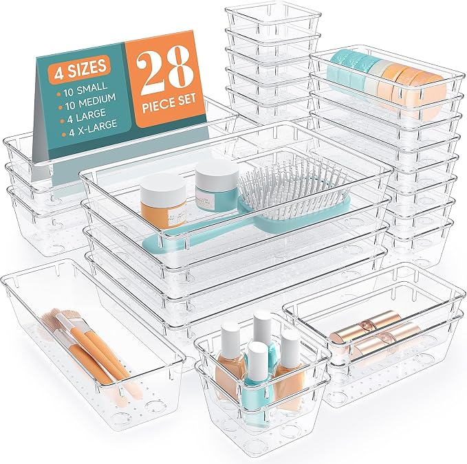 StorMiracle 28 PCS Clear Plastic Drawer Organizers Set, 4 Size Desk Drawer by StorMiracle