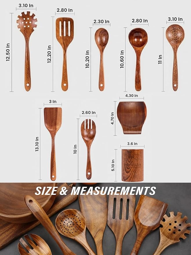 9-Piece Teak Wooden Kitchen Utensil Set – Nonstick Safe Cooking Spoons & - Image 4