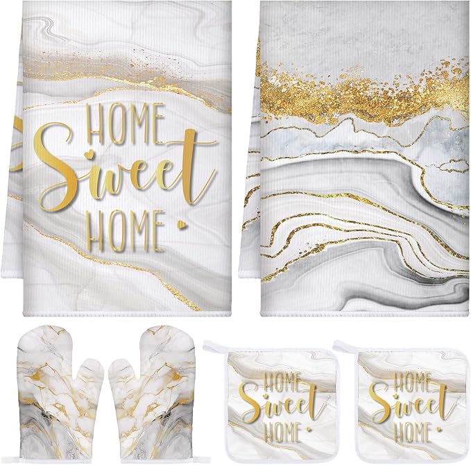 Bencailor 6 Pcs Marble Kitchen Decor Gold Pot Holders Oven Mitts 2 Dish Towels by Bencailor