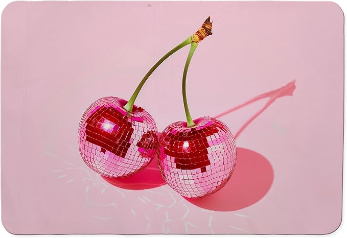 Pink Cherry Disco Ball Dish Drying Mat, Preppy Glam Cherries Coffee Bar Mat by Unknown
