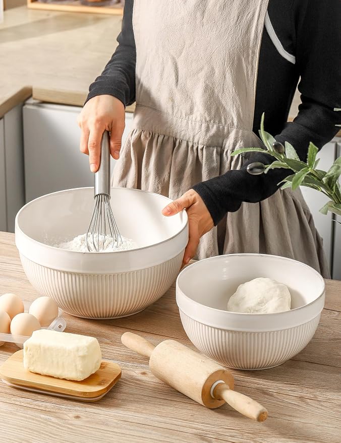 Ceramic Large Glazed White Stripe Mixing Bowls - Image 3