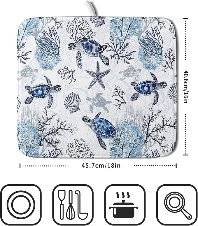 Giwawa 16"x18" Coastal Sea Turtles Dish Drying Mat Nautical Ocean Tortoise - Image 2