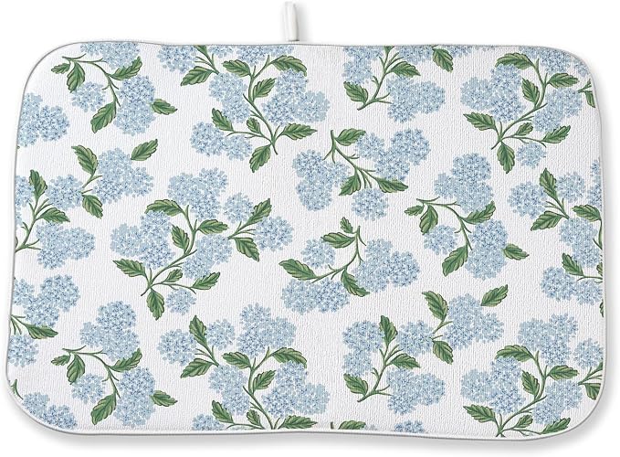 Blue Sage Green Floral Dish Drying Mat 18 x 24 Inch Spring Hydrangea Floral by Sorktse