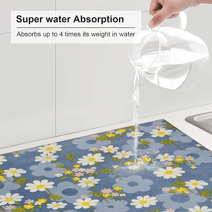 Daisy Flowers Dish Drying Mat for Kitchen Counter, Large Drying Kitchen Mat - Image 5