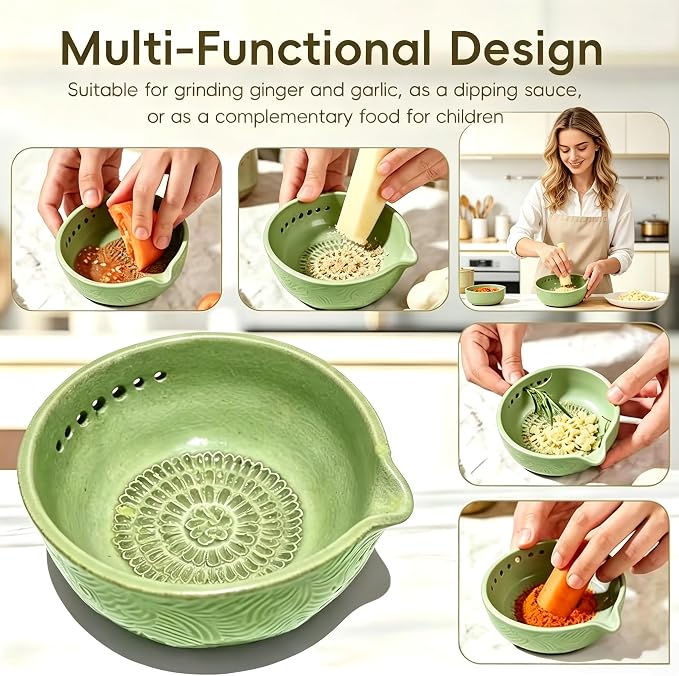Garlic Grater Bowl 7-hole 2-in-1Kitchen Spanish Handheld Herb Stripper Ceramic - Image 6