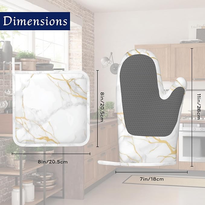 White Gold Marble Pot Holders and Oven Mitts Set Silicone Abstract Marble - Image 2