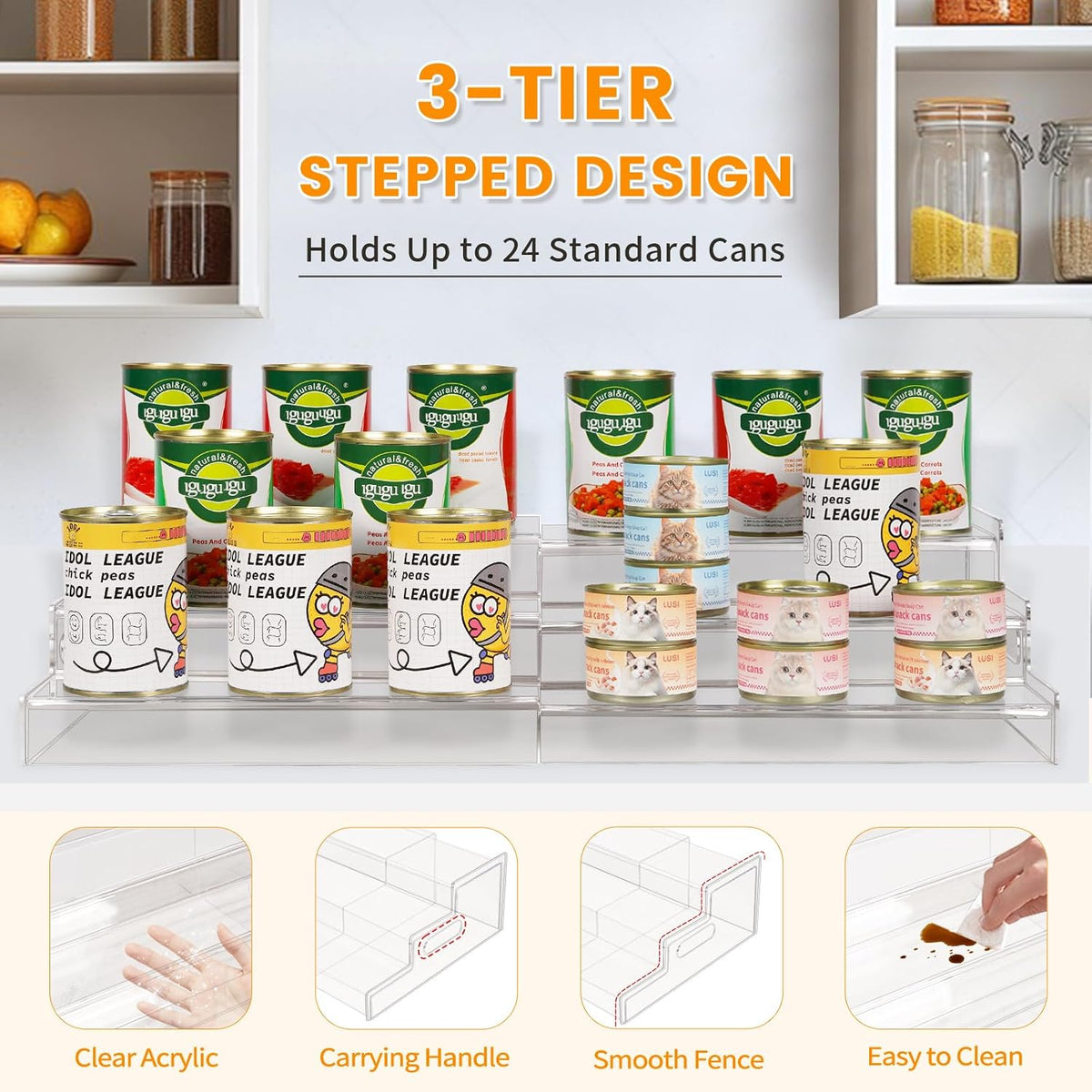 Expandable Can Rack Organizer, 3 Tier Acrylic Can Food Storage for
