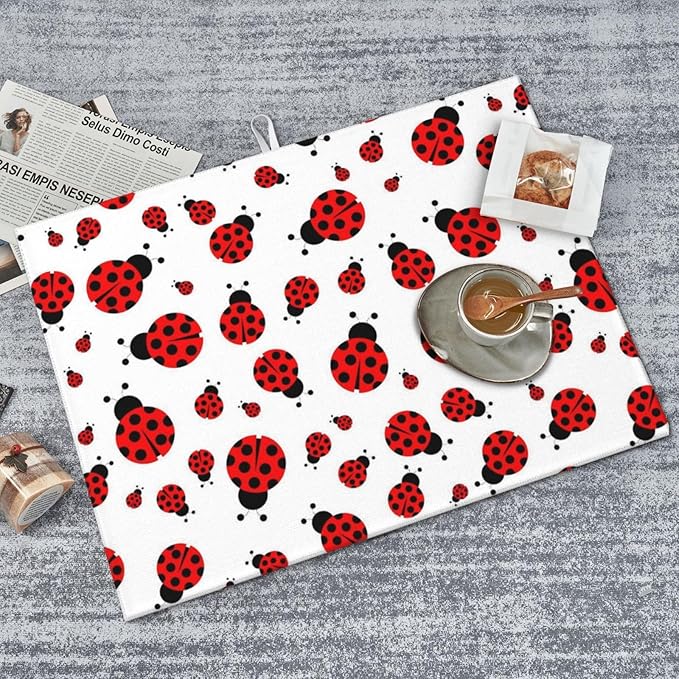 Red Ladybug Dish Drying Mat Cute Small Dots Fun Animal Themed Drying Rack Pad - Image 7