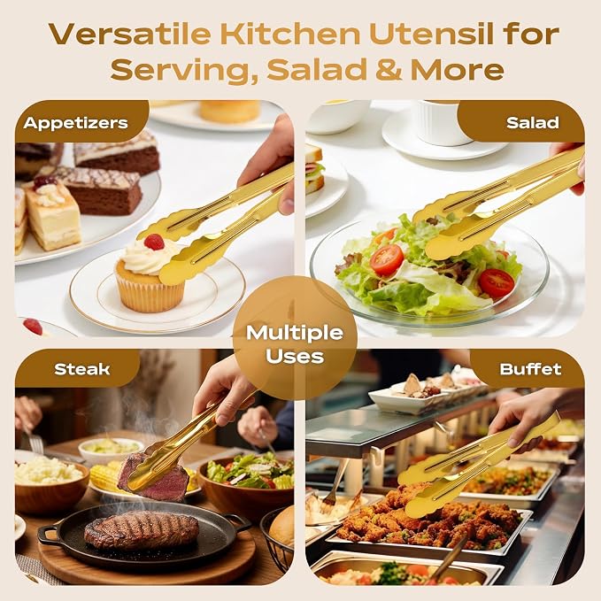 4 Pack Stainless Steel Serving Tongs, 9 Inch Gold Salad Tongs Serving Utensils - Image 6