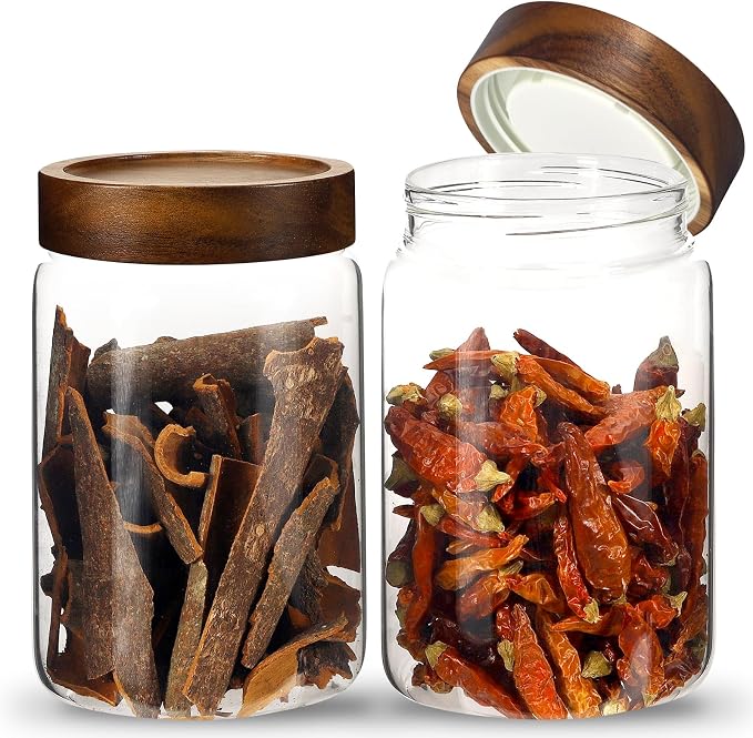 Airtight Glass Jars with Wooden Lid Glass Spice Jar Round Glass Storage Canister by Patoper