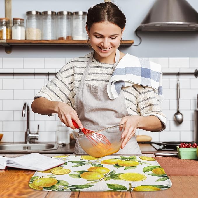 Sanwarm Absorbent Dish Drying Mat, Floral Lemon Fruits Vintage Microfiber Pad - Image 6