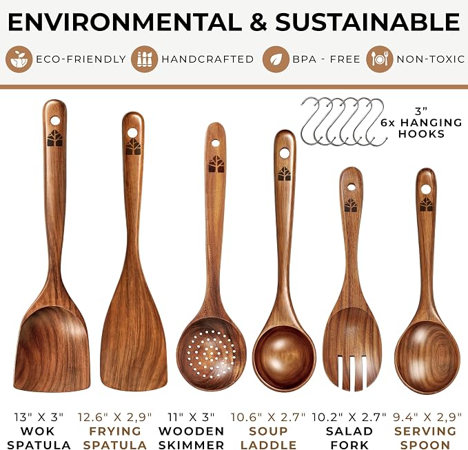 Wooden Spoons for Cooking – 6 Pcs Premium Teak Wooden Utensil Set - Image 4