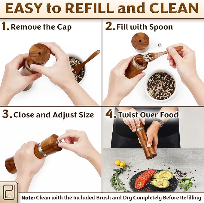 Salt and Pepper Acacia Wood Grinder Set - 60 g / 2 oz each - Tall Modern Mill - Image 8