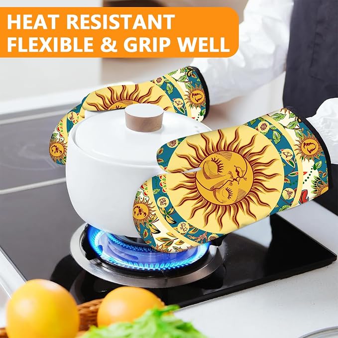 Sun and Moon Oven Mitts and Pot Holders Sets 4Pcs, Extra Long Oven Gloves - Image 6