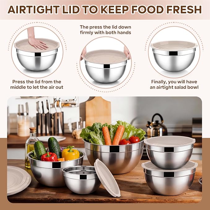 E-far Mixing Bowls With Lids Sets of 5, 10-Piece Stainless Steel Salad Metal - Image 6