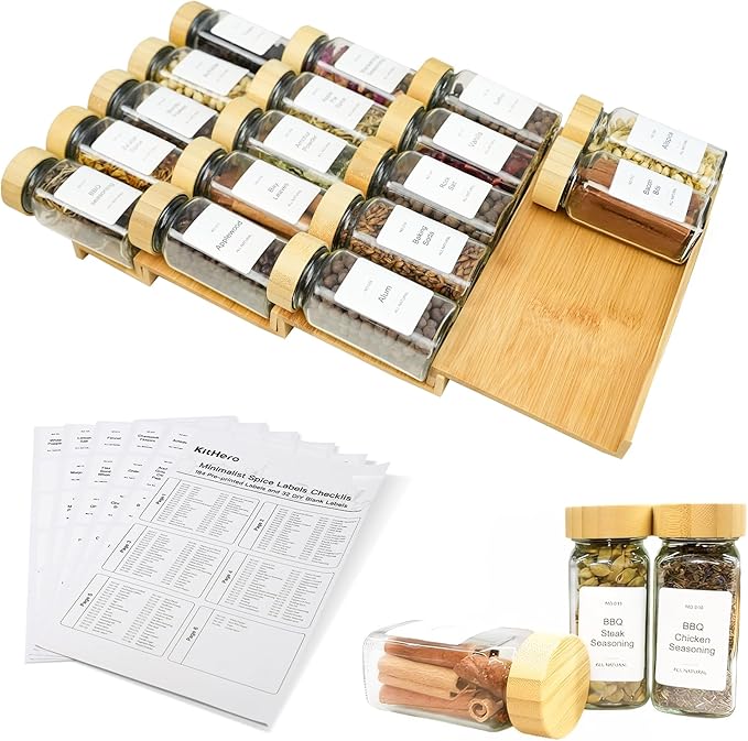 Spice Drawer Organizer with 20 Bamboo-lidded Spice Jars, 216 Labels, 25 by KitHero