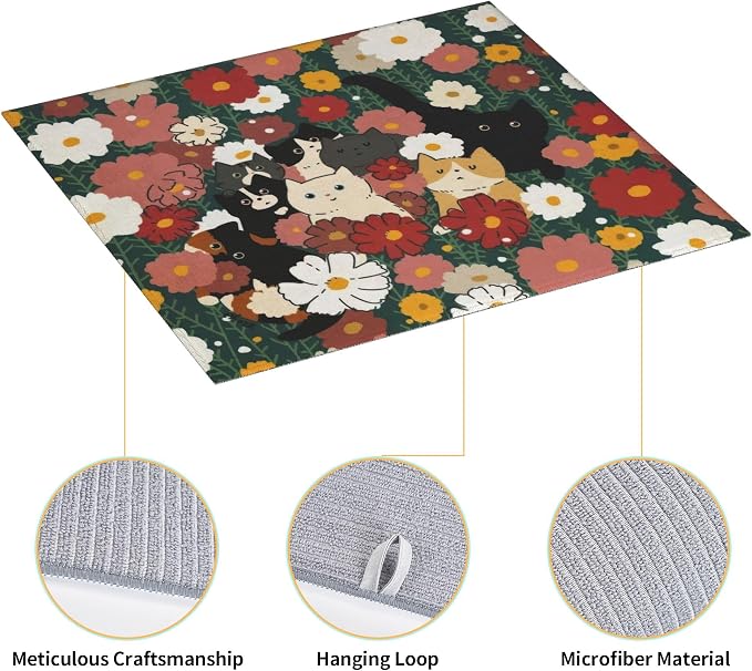 Cute Cat Flowers Dish Drying Mat 16x18 Inch, Microfiber Absorbent Fast Dry Mat - Image 3
