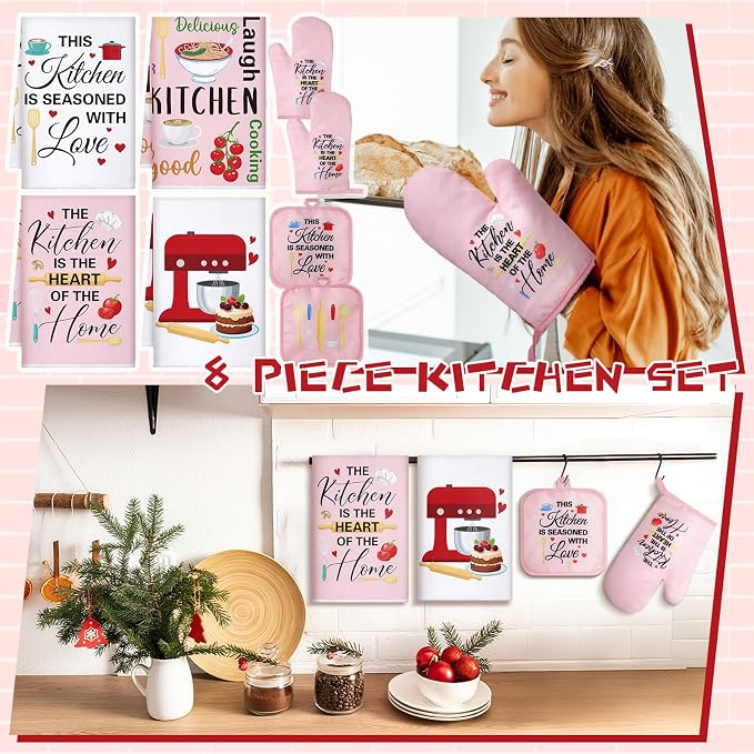 Leinuosen 8 Pcs Kitchen Towels and Oven Mitts Sets Pot Holders Dishcloths Set - Image 2