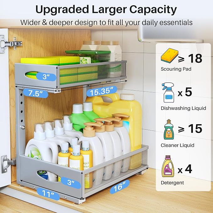 Under Sink Organizer, 2 Pack 2 Tier Pull Out Under Cabinet Organizer Shelf - Image 4