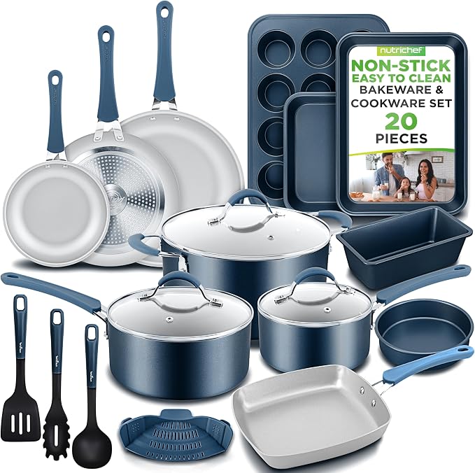 NutriChef Professional 20 Pc Pots and Pans Set Non Stick in Navy Blue by NutriChef%E2%84%A2Kitchen